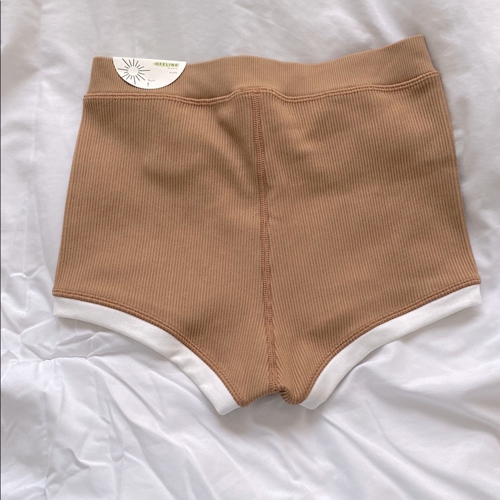 NWT Offline by aerie Brown Ribbed Shorts with White Trim - Picture 2 of 4